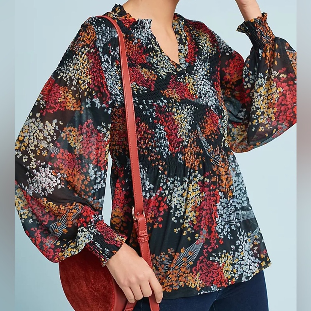 Anthropologie Adria Smocked Chiffon Blouse Women’s Size S Peasant Floral Boho